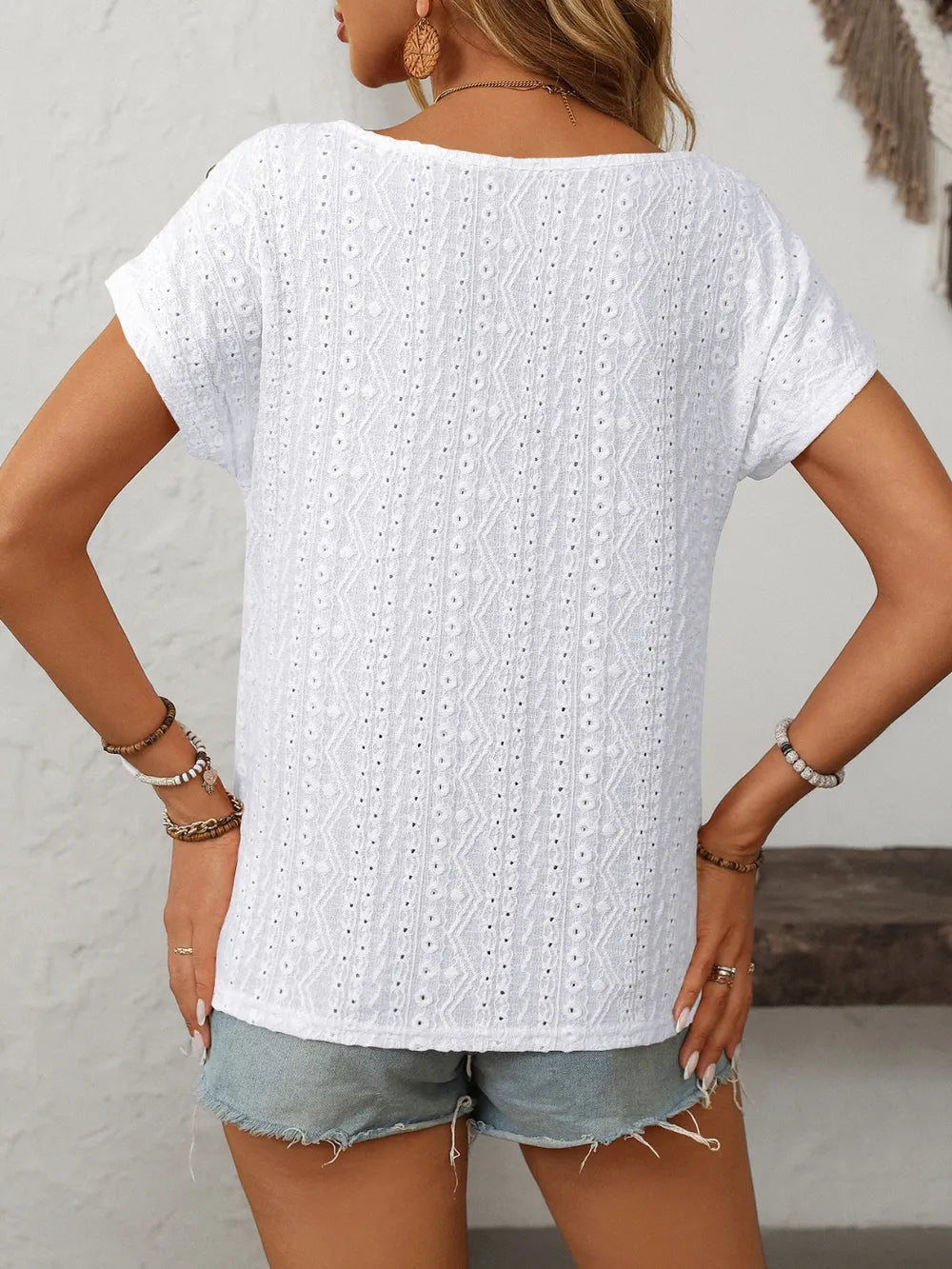Eyelet Round Neck Short Sleeve Top (8)