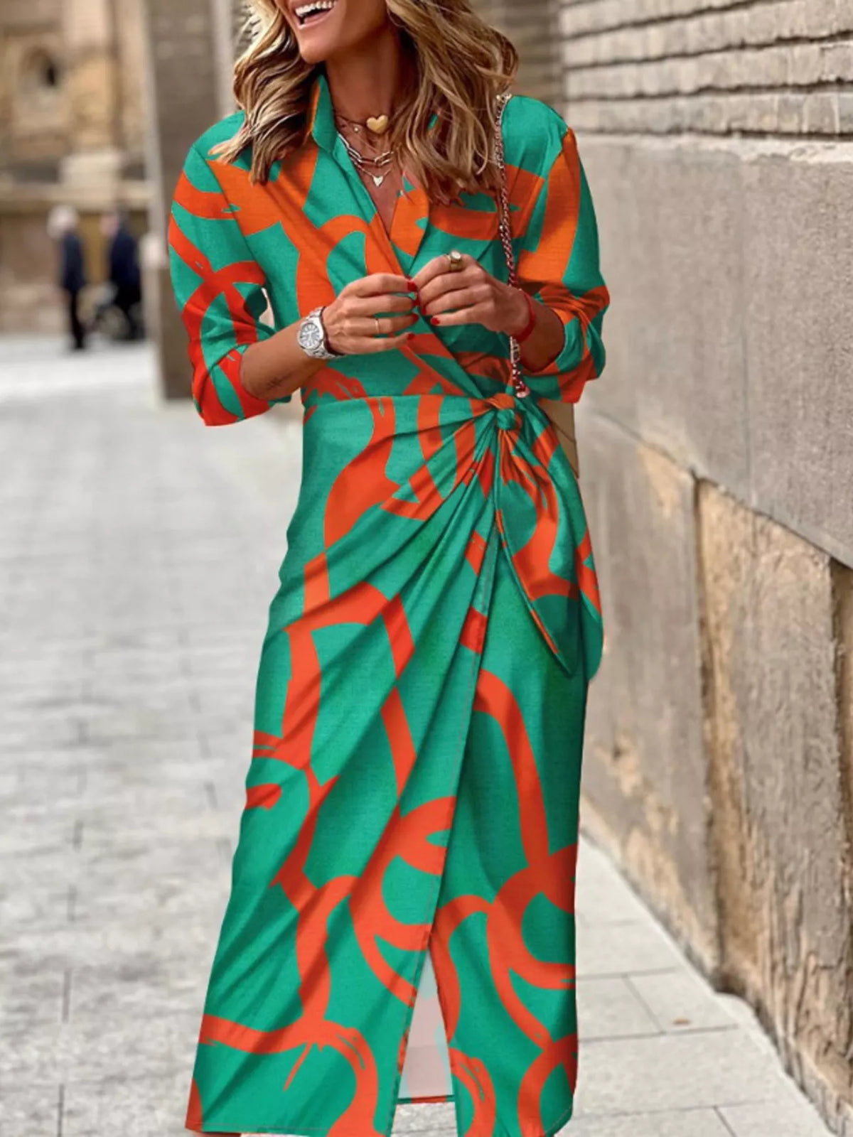 Printed Collared Neck Shirt Dress (2)
