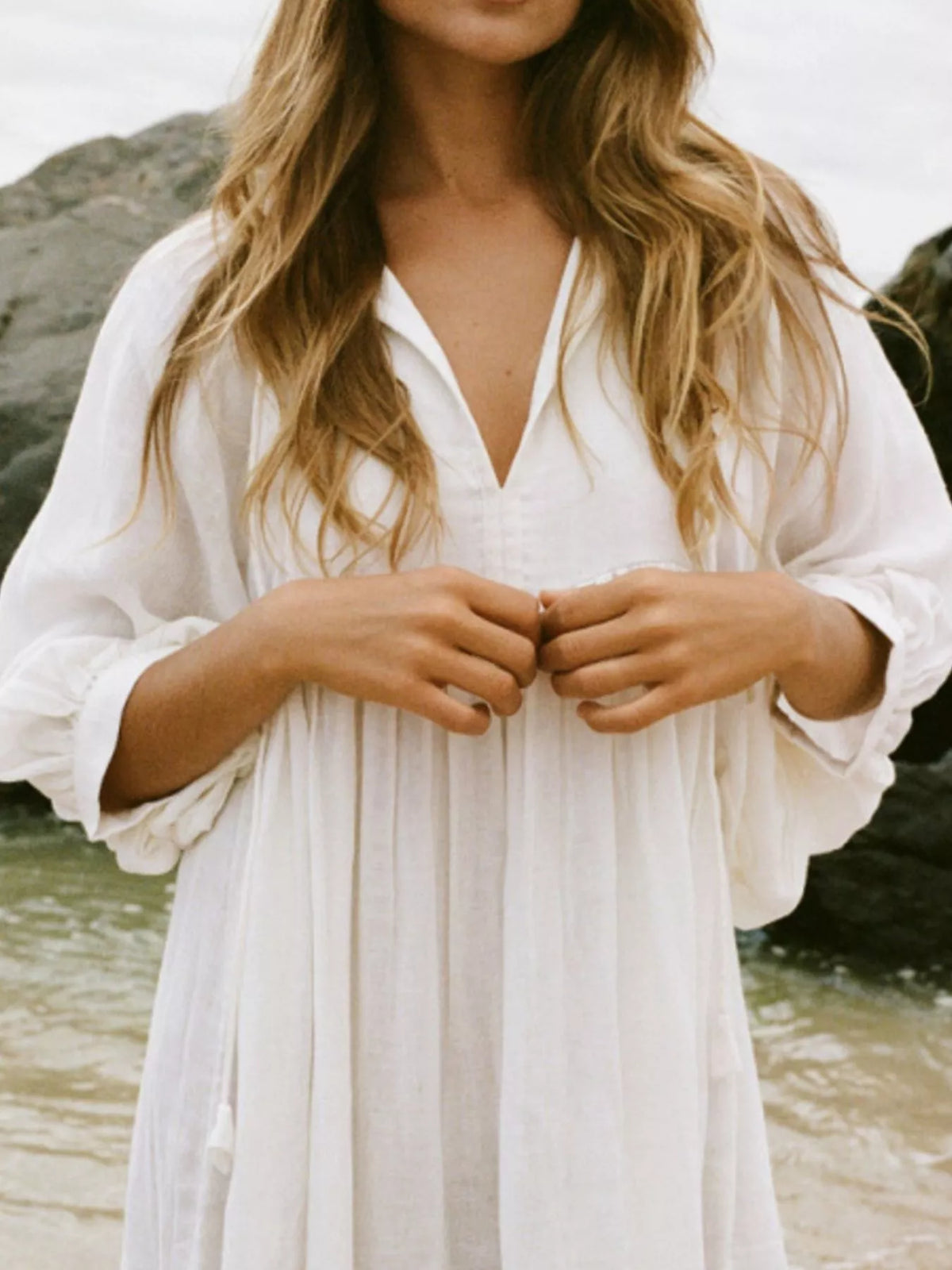 Tie Neck 3/4 Sleeve Midi Dress (2)
