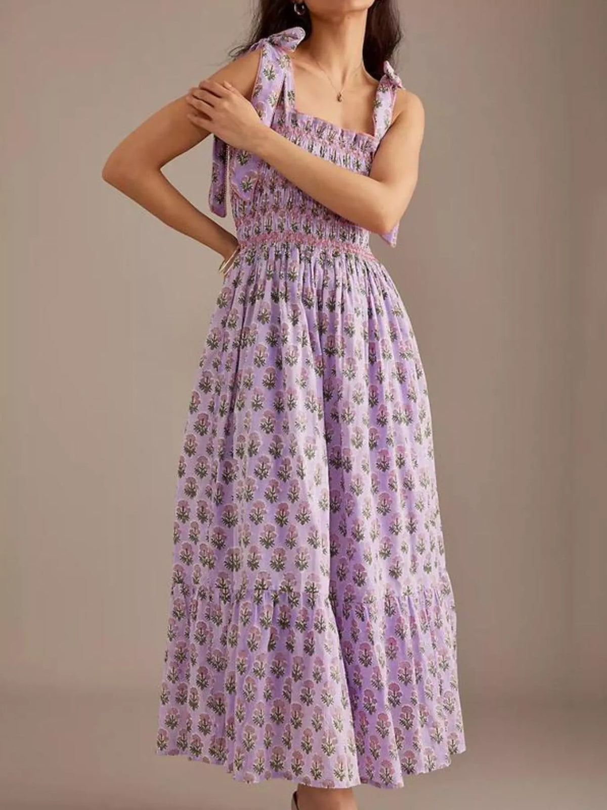Floral Smocked Tie-shoulder Midi Dress (4)