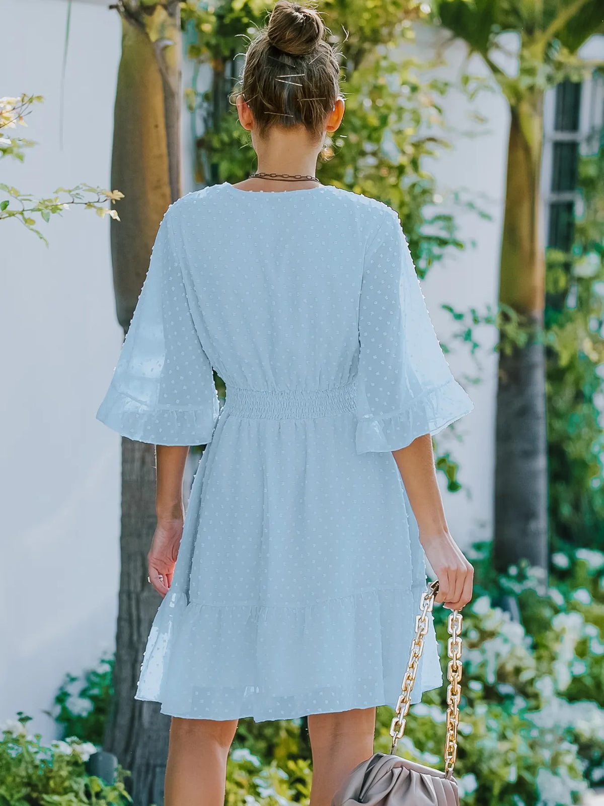 Swiss Dot Flare Sleeve Wrap Mini Dress (2)