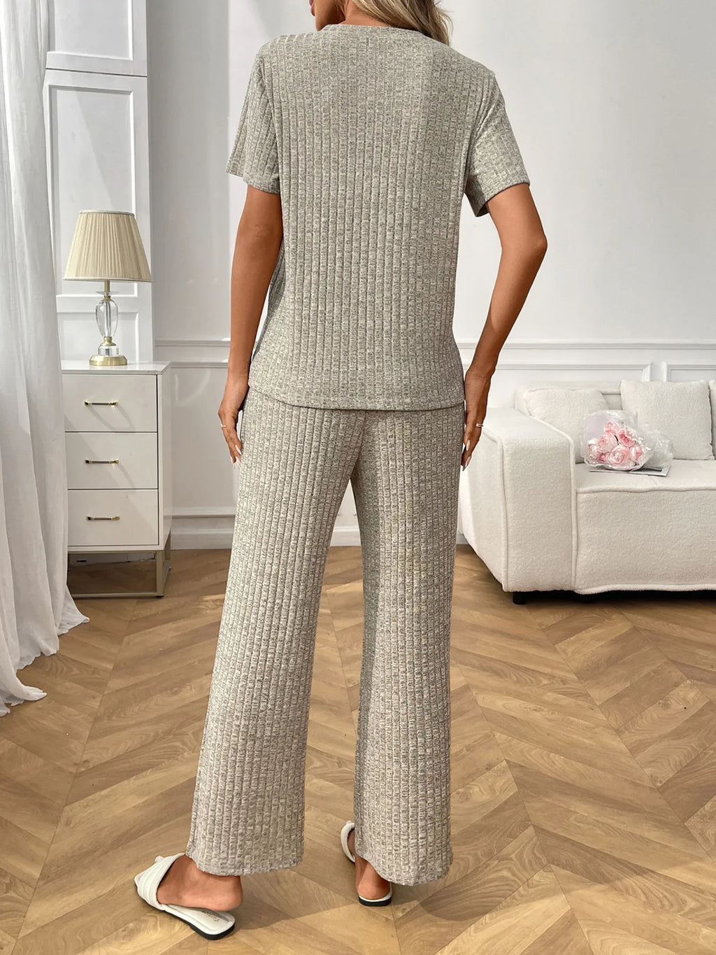 Ribbed Knit Short Sleeve Top Pants Lounge Set (4)
