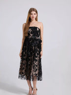 Floral Applique Strapless Midi Dress (4)