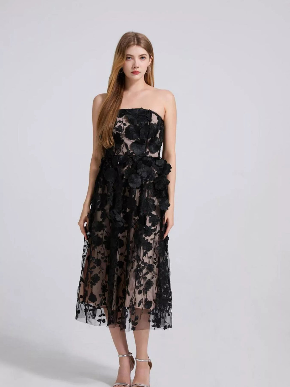 Floral Applique Strapless Midi Dress (4)