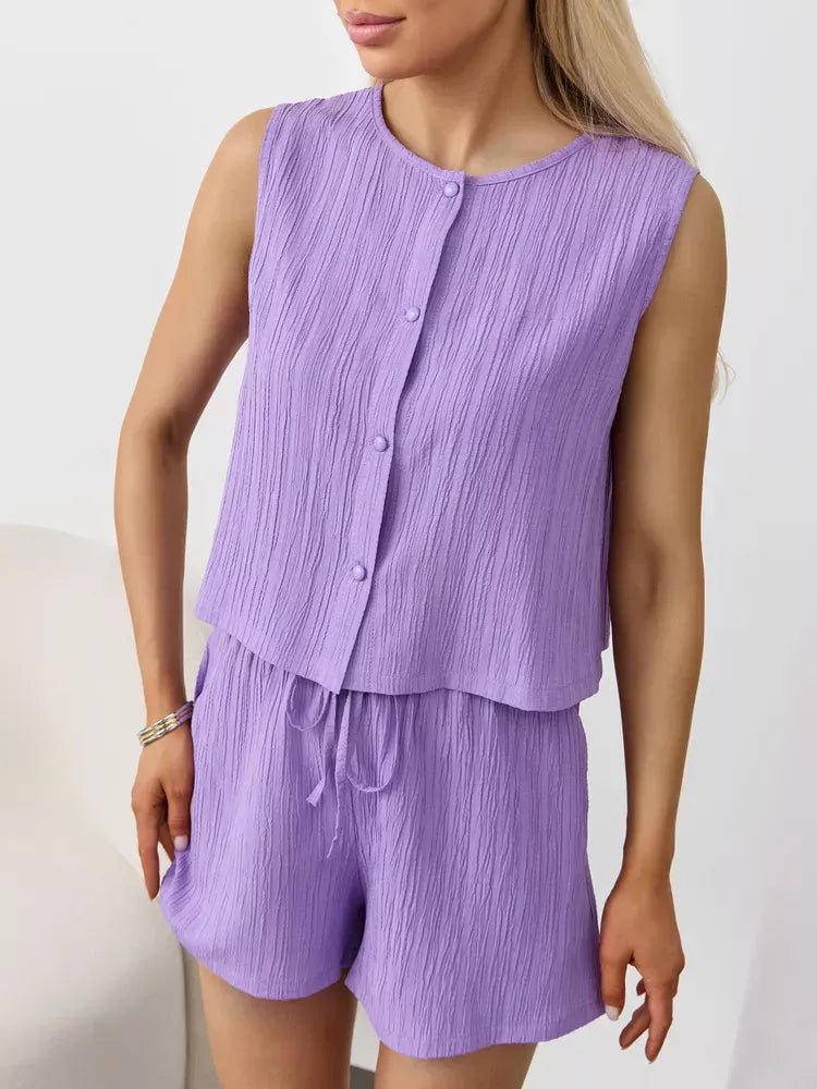 Textured Round Neck Tank Shorts Set (31)