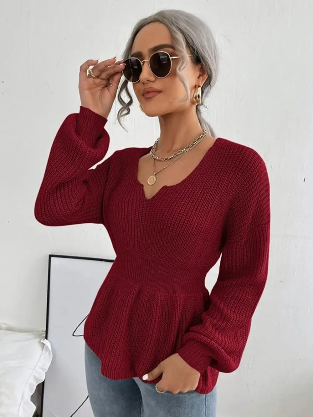 Notched Dropped Shoulder Knit Top (3)
