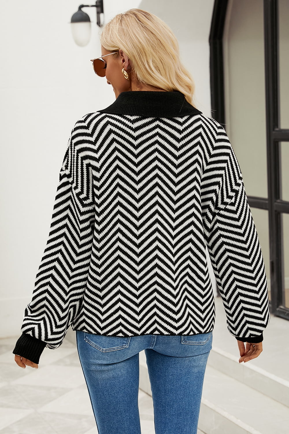 Striped Collared Neck Buttoned Pullover Sweater (2)