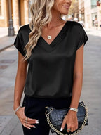 Satin V-neck Short Sleeve Blouse (5)