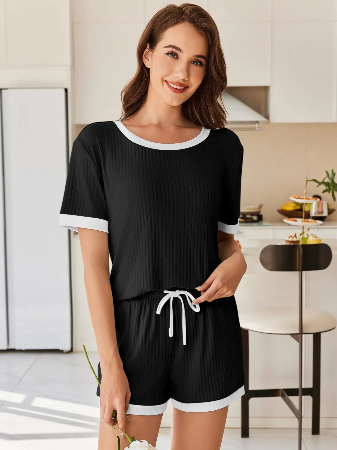 Ribbed Short Sleeve Top Shorts Set (11)