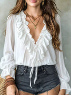Ruffle V-neck Long Sleeve Blouse