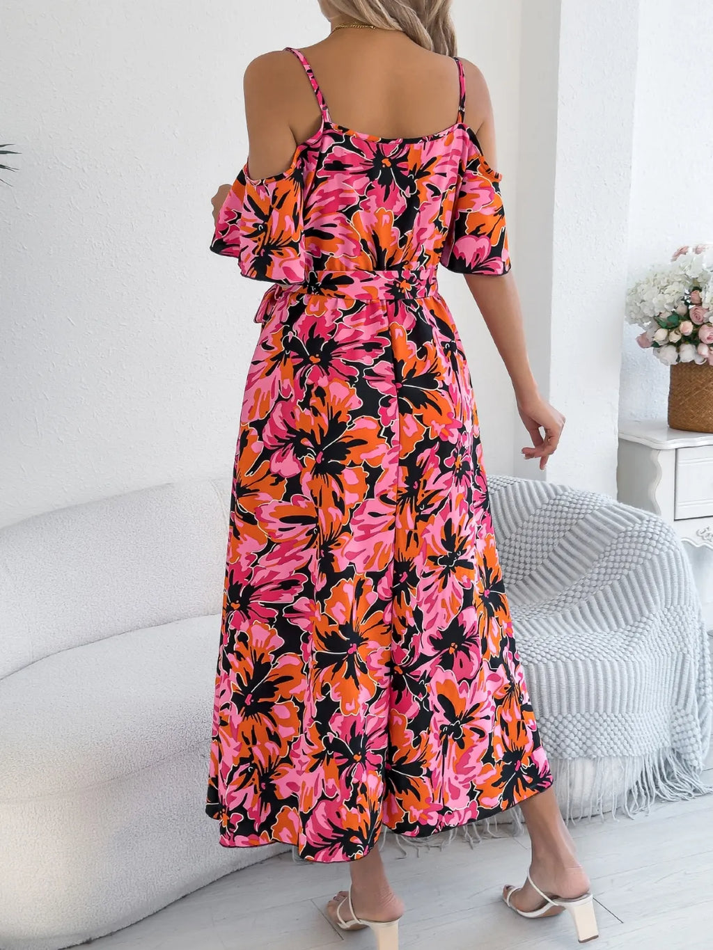 Printed Cold Shoulder Midi Cami Dress (2)
