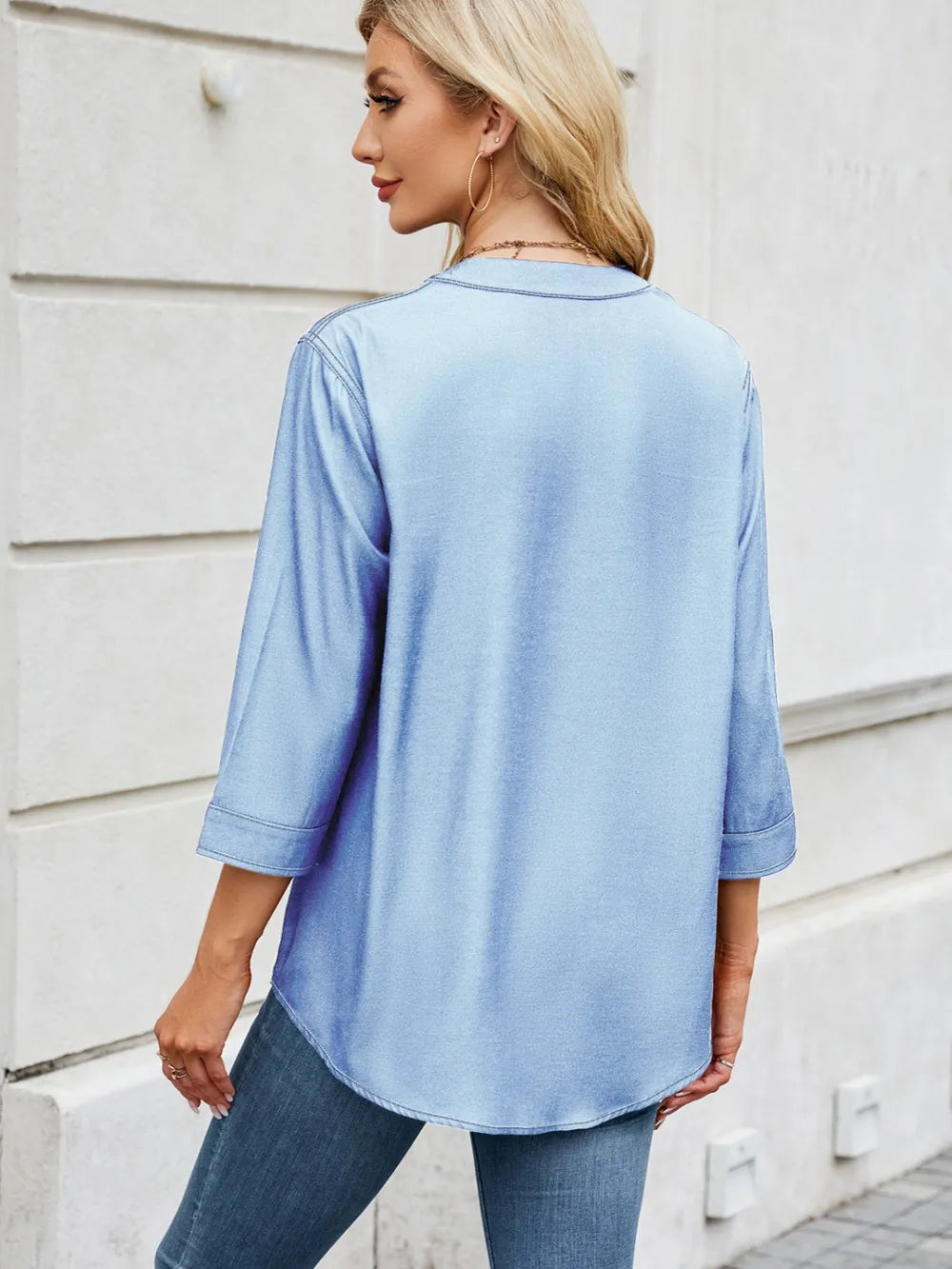Notched Three-quarter Sleeve Denim Top (6)