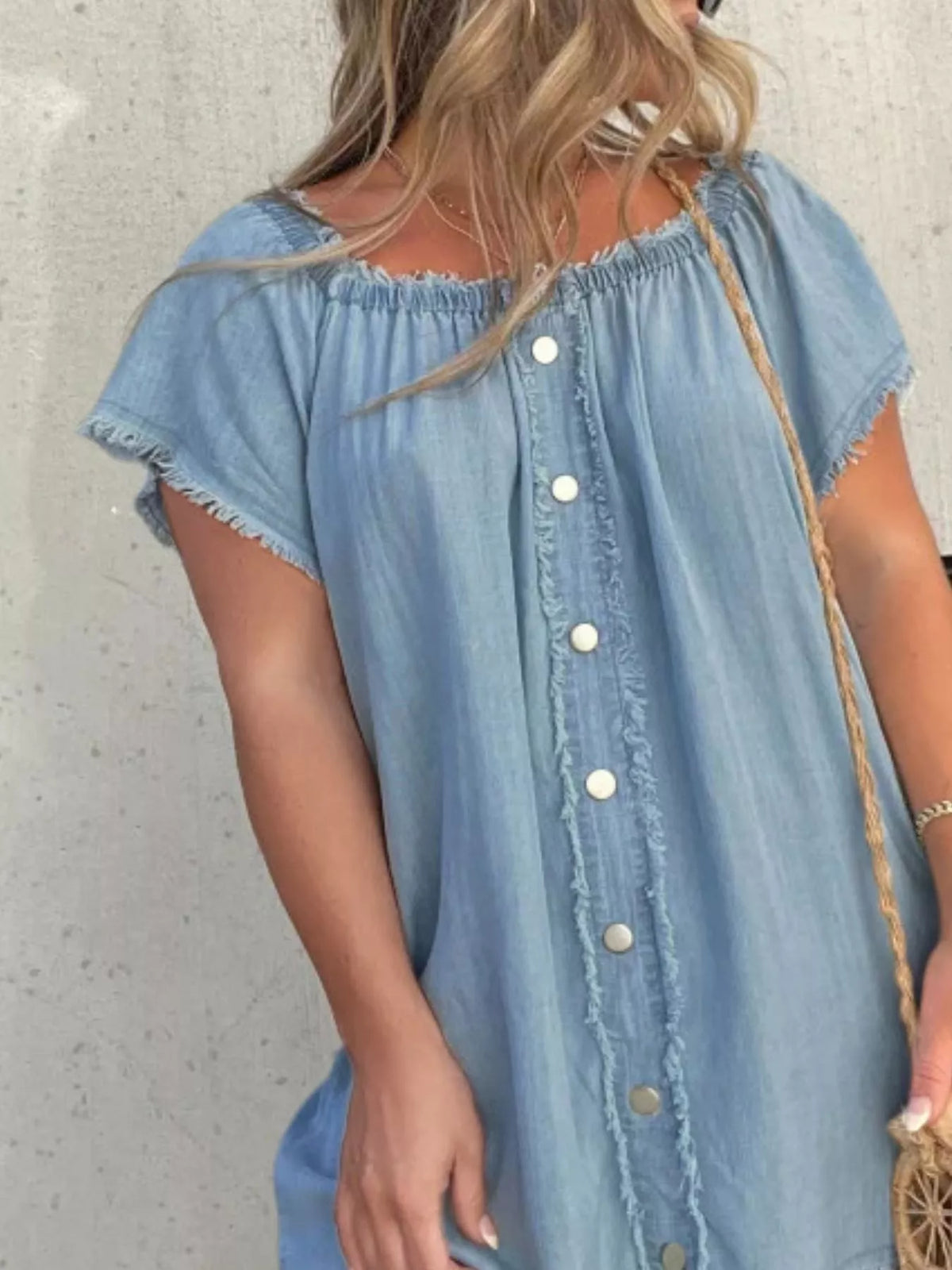 Full Size Off-shoulder Button-down Frayed Denim Dress Plus (9)