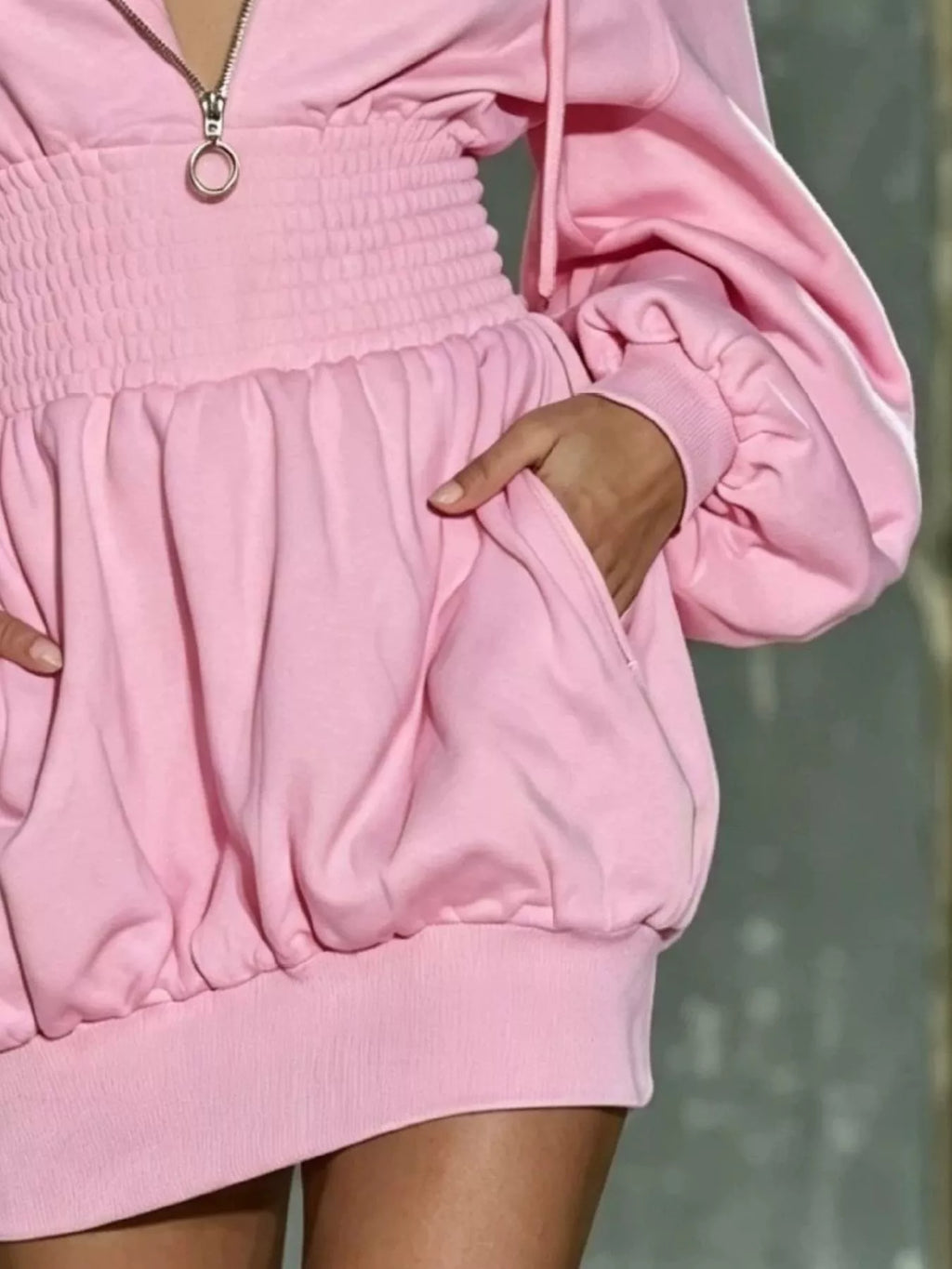 Hooded Long Sleeve Mini Dress Smocked Waist (10)