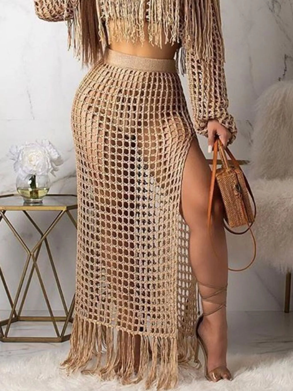 Full Size Crochet Off-shoulder Fringe Top Skirt Set Plus (12)