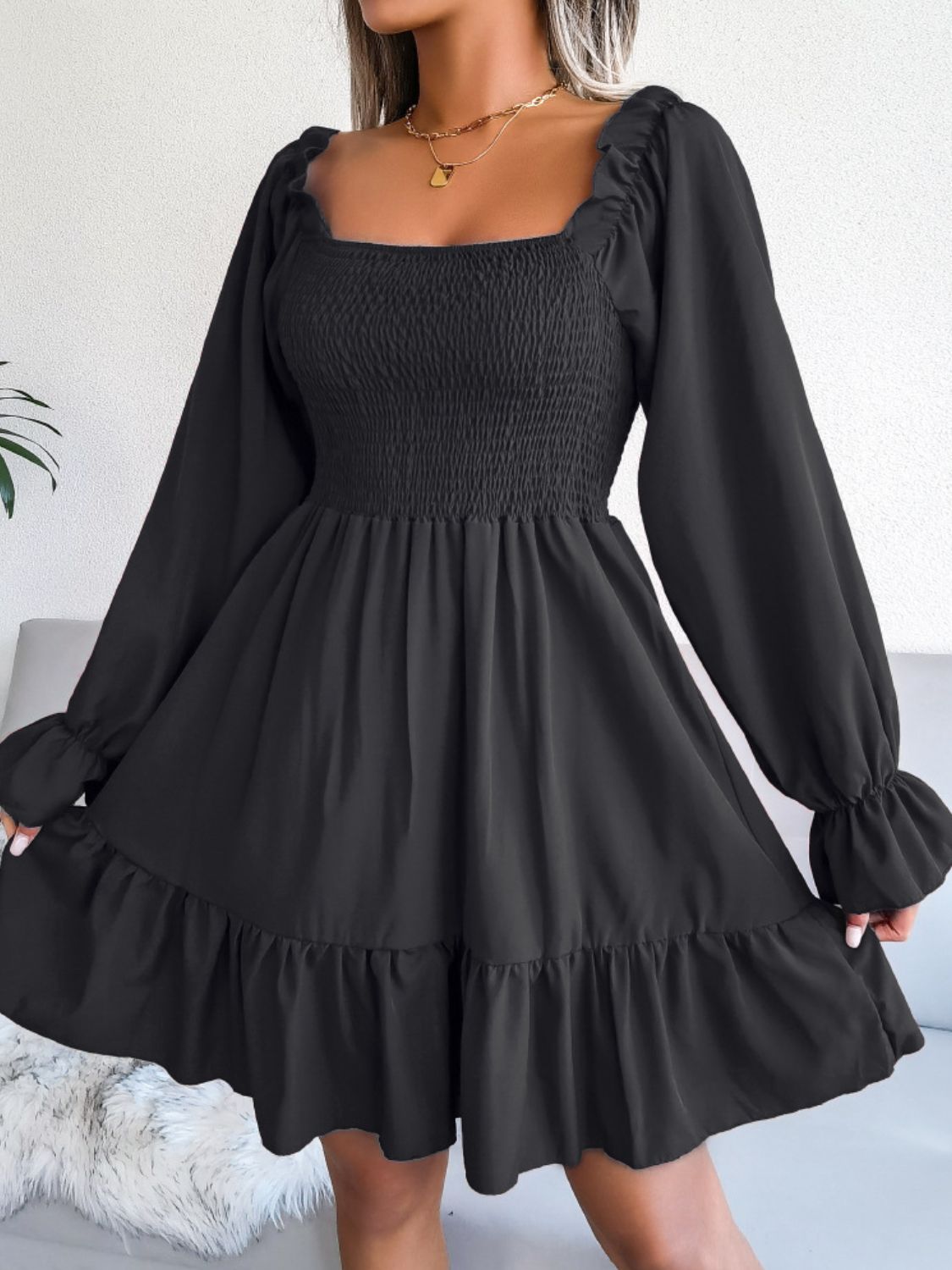 Smocked Flounce Sleeve Square Neck Dress (14)