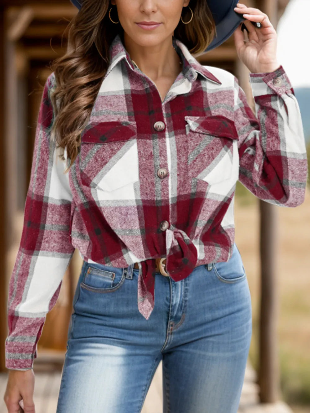Full Size Pocketed Plaid Collared Neck Shacket (7)