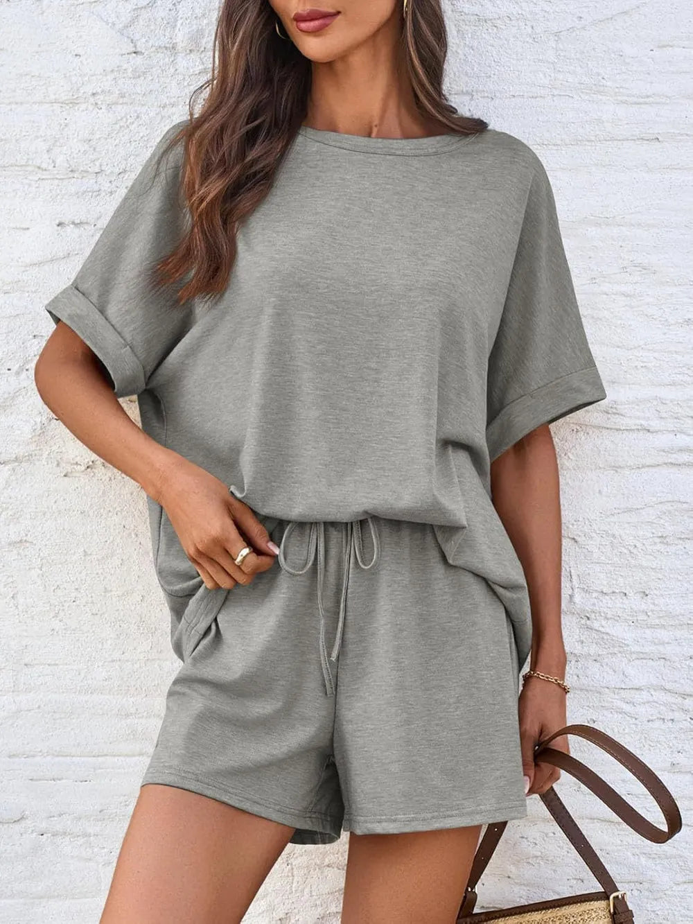 Round Neck T-shirt Drawstring Shorts Set (17)