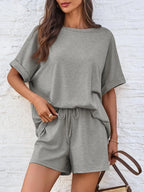 Round Neck T-shirt Drawstring Shorts Set (17)