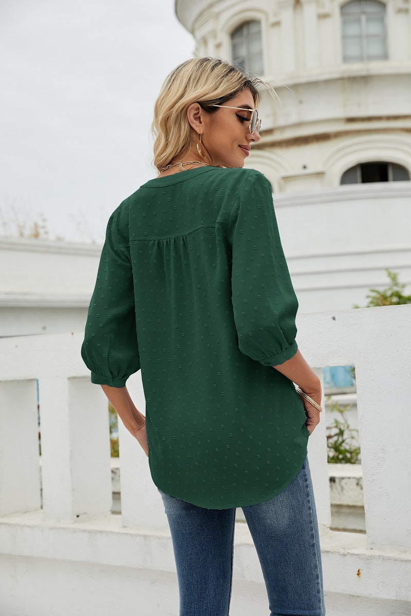 Swiss Dot Notched Neck Three-quarter Sleeve Blouse (20)