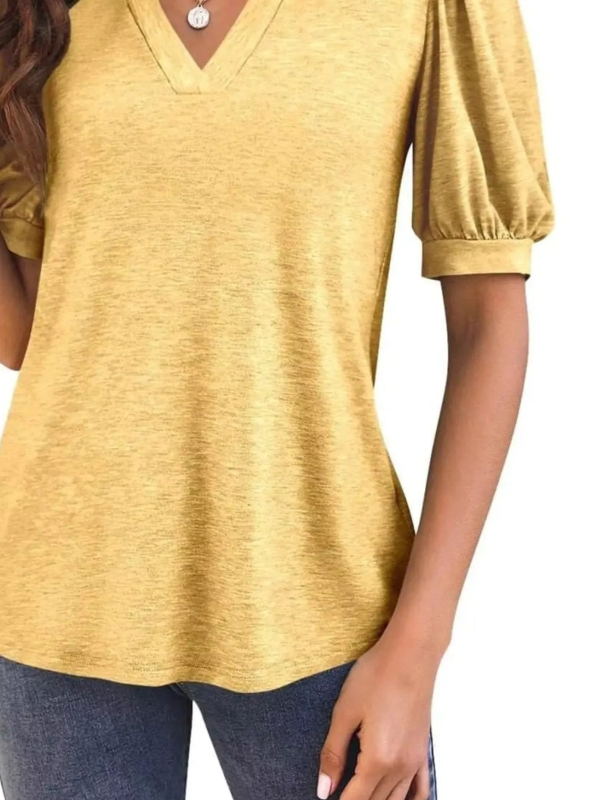 Puff Sleeve Notched Casual T-shirt (27)