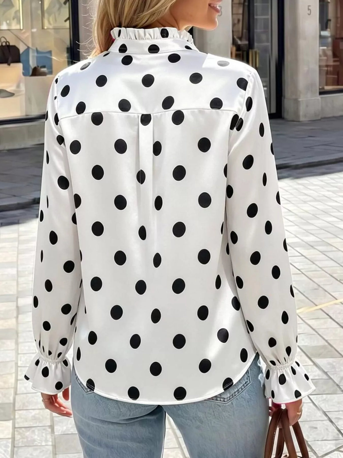 Elegant Button Down Ruffle Trim Satin Shirt (3)