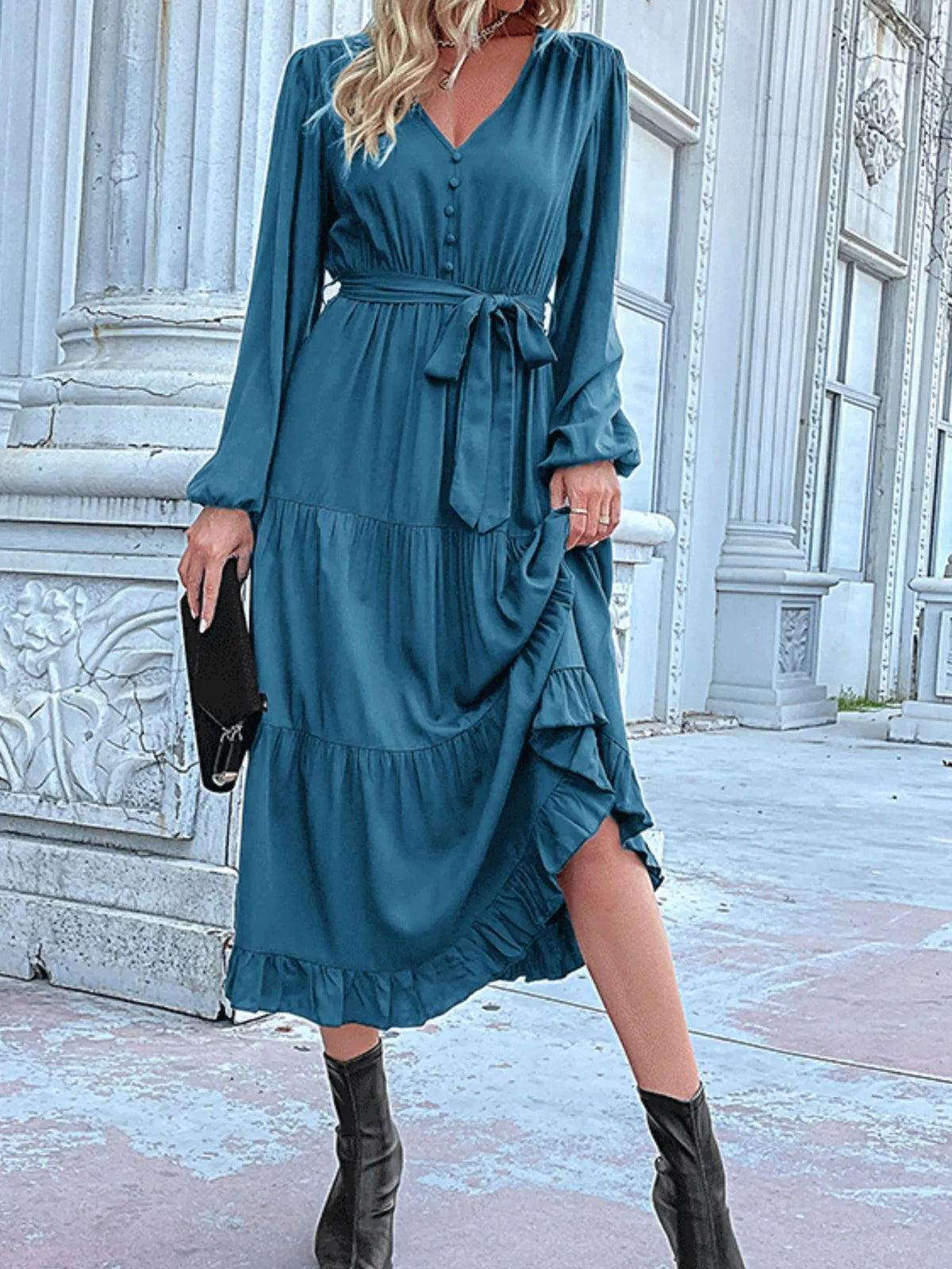 Ruffled Hem V-neck Balloon Sleeve Dress (13)