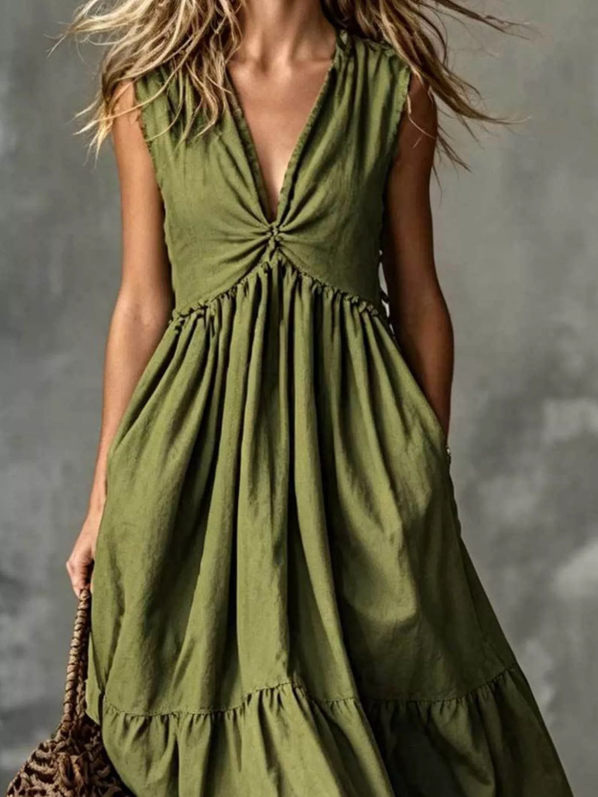 V-neck Twisted Tiered Midi Dress (6)