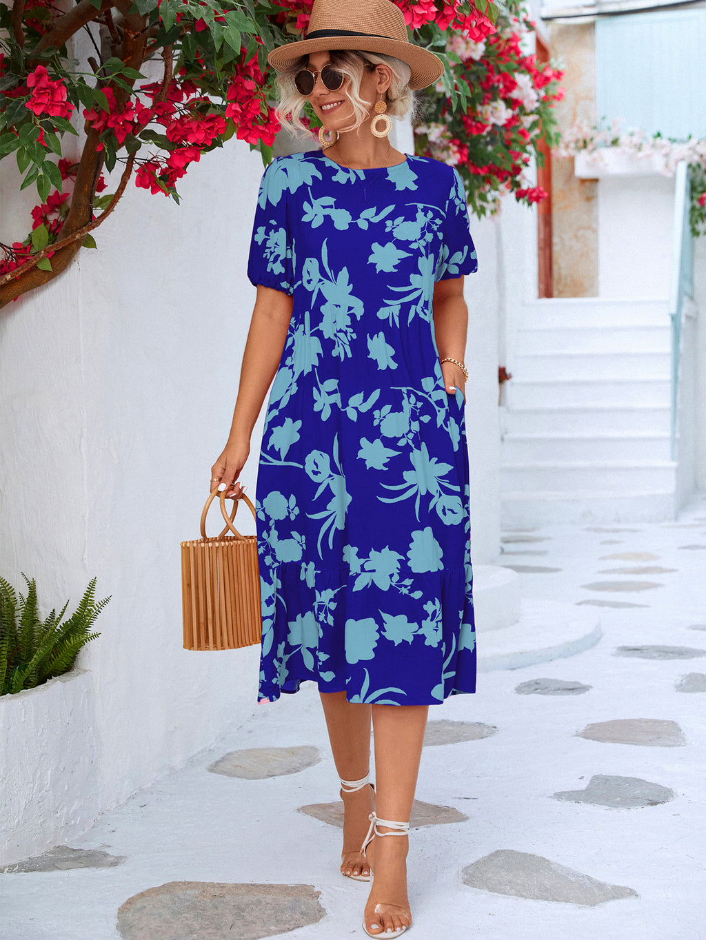 Floral Puff Sleeve Ruffle Hem Midi Dress (13)