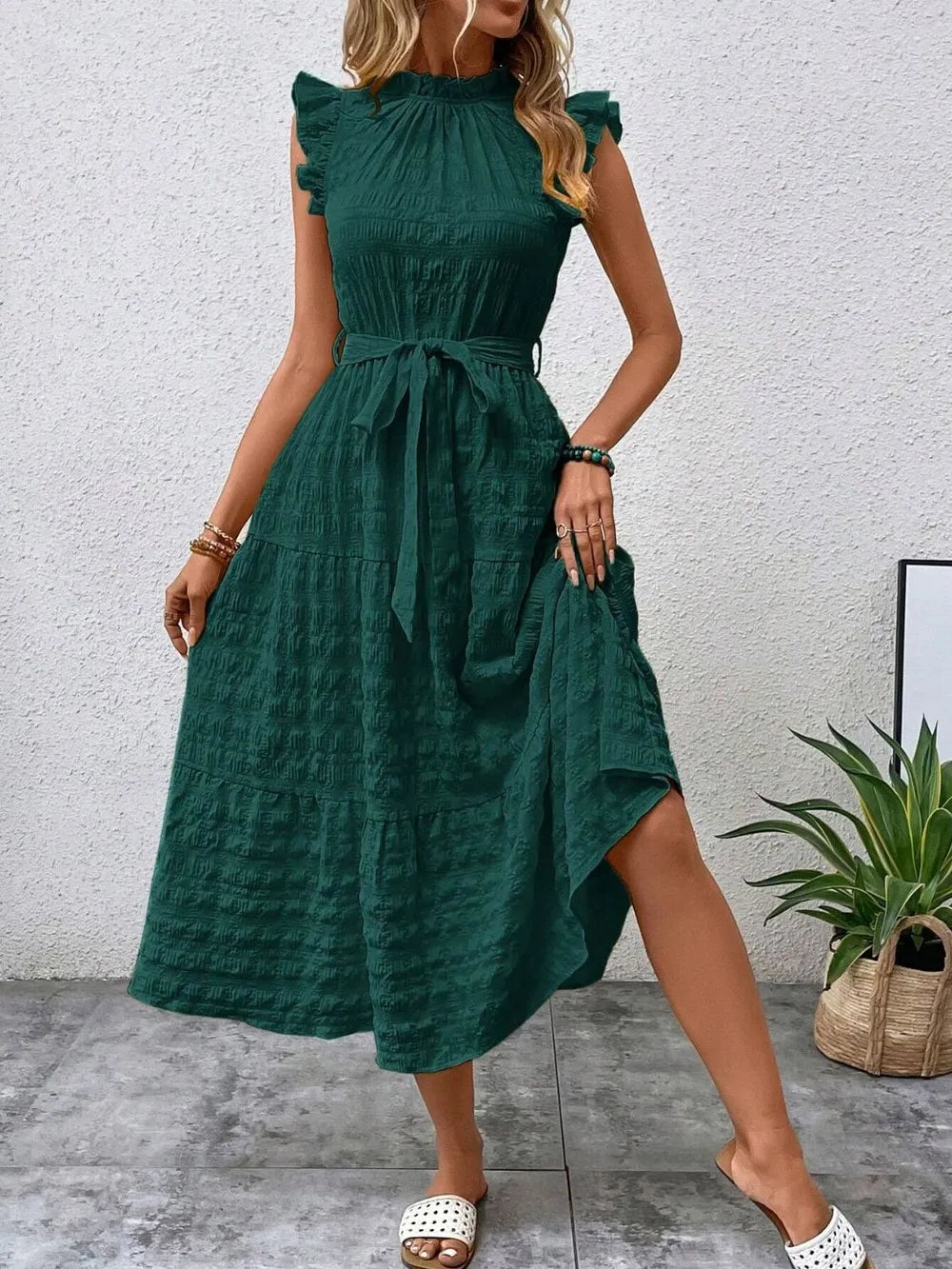 Tied Ruffled Cap Sleeve Midi Dress (9)