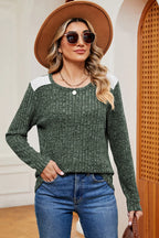 Eyelet Ribbed Round Neck Long Sleeve T-shirt (4)