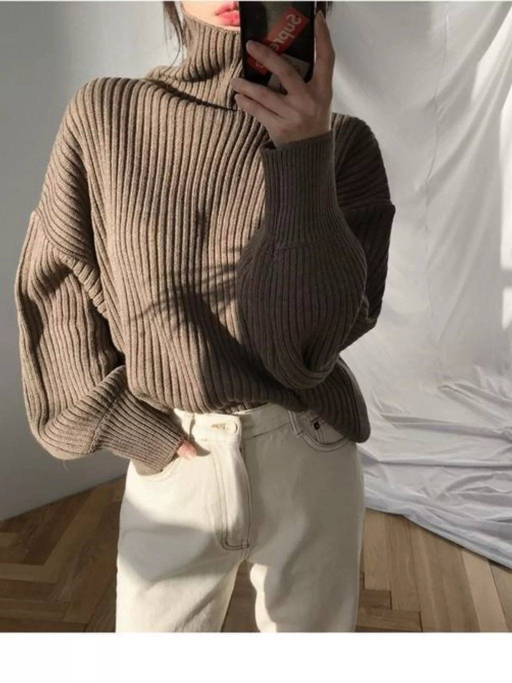Oversized Turtleneck Ribbed Knit Sweater (2)