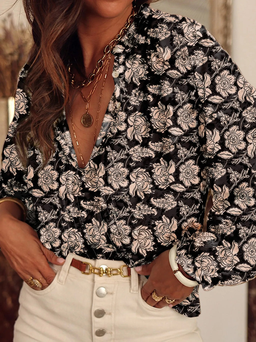 Floral Print Split Neck Pleated Long Sleeve Blouse (16)