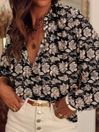 Floral Print Split Neck Pleated Long Sleeve Blouse (16)
