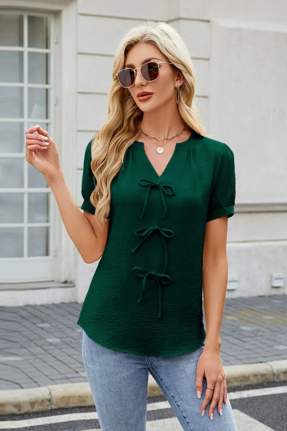 Notched Short Sleeve Blouse (7)