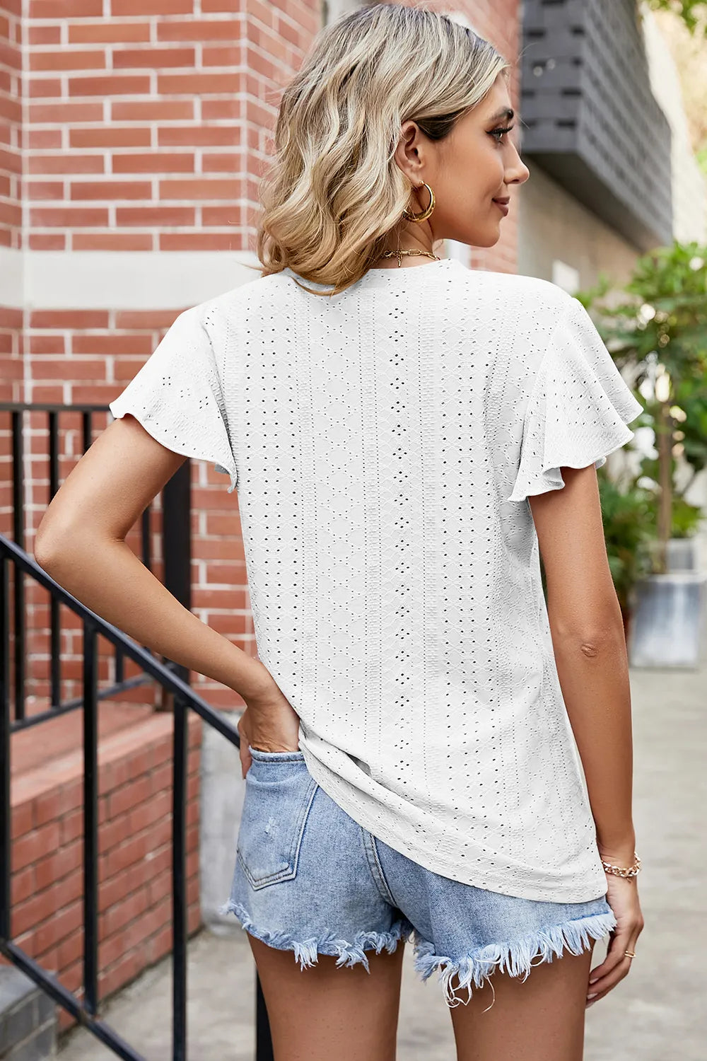 Eyelet V-neck Flutter Sleeve T-shirt (2)
