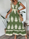 Printed V-neck Ruffled Cap Sleeve Dress