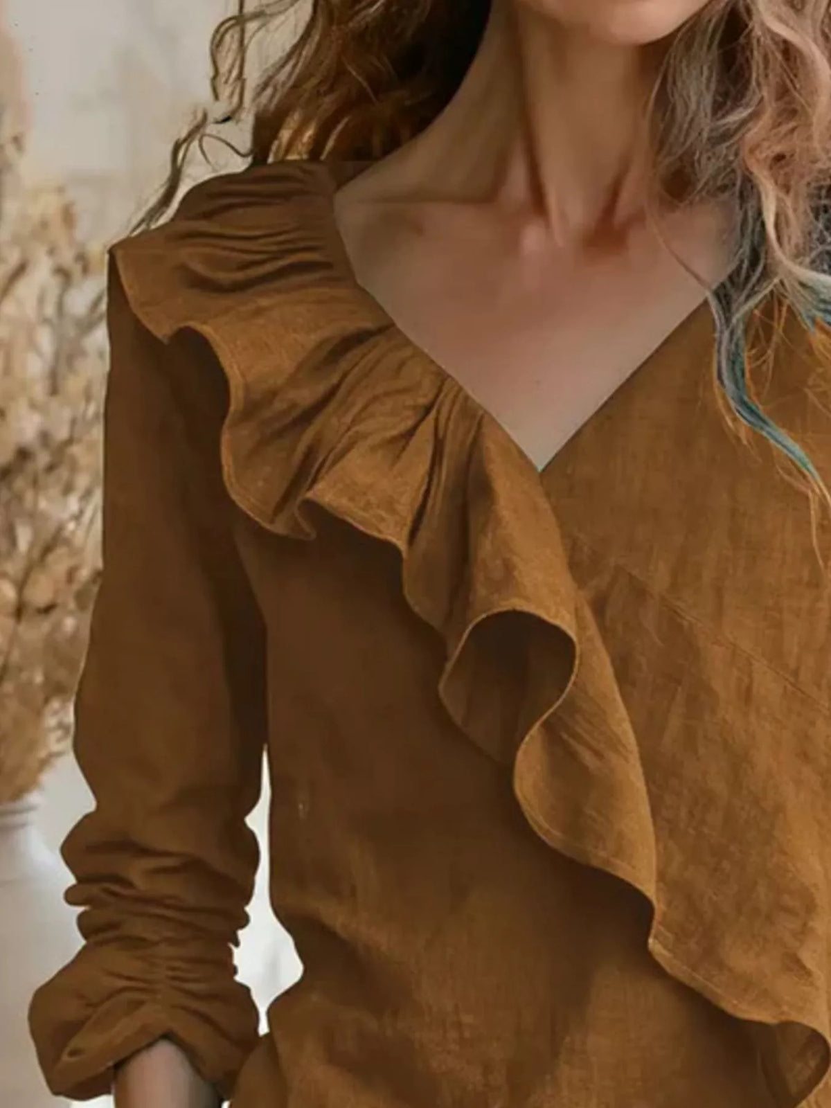 V-neck Ruffled Long Sleeve Blouse (12)