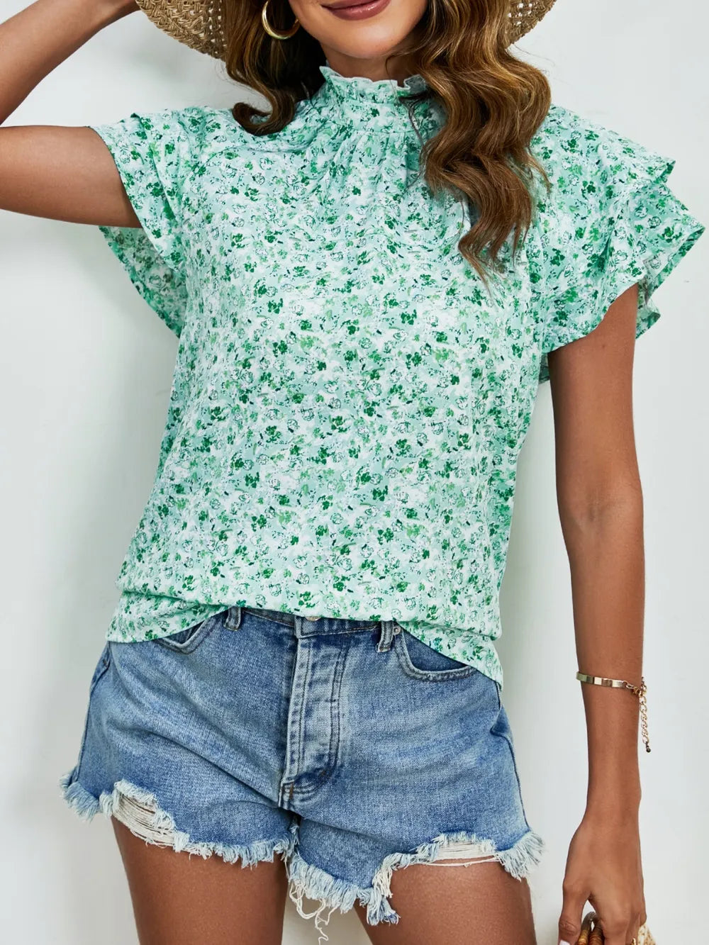 Ditsy Floral Mock Neck Flounce Sleeve Blouse (16)