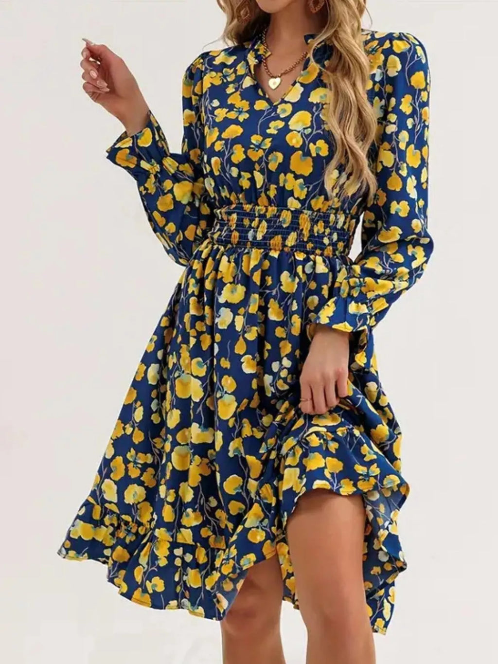 Floral Notched Flounce Sleeve Dress (17)