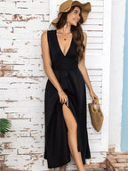 Full Size Slit V-neck Sleeveless Midi Dress (2)
