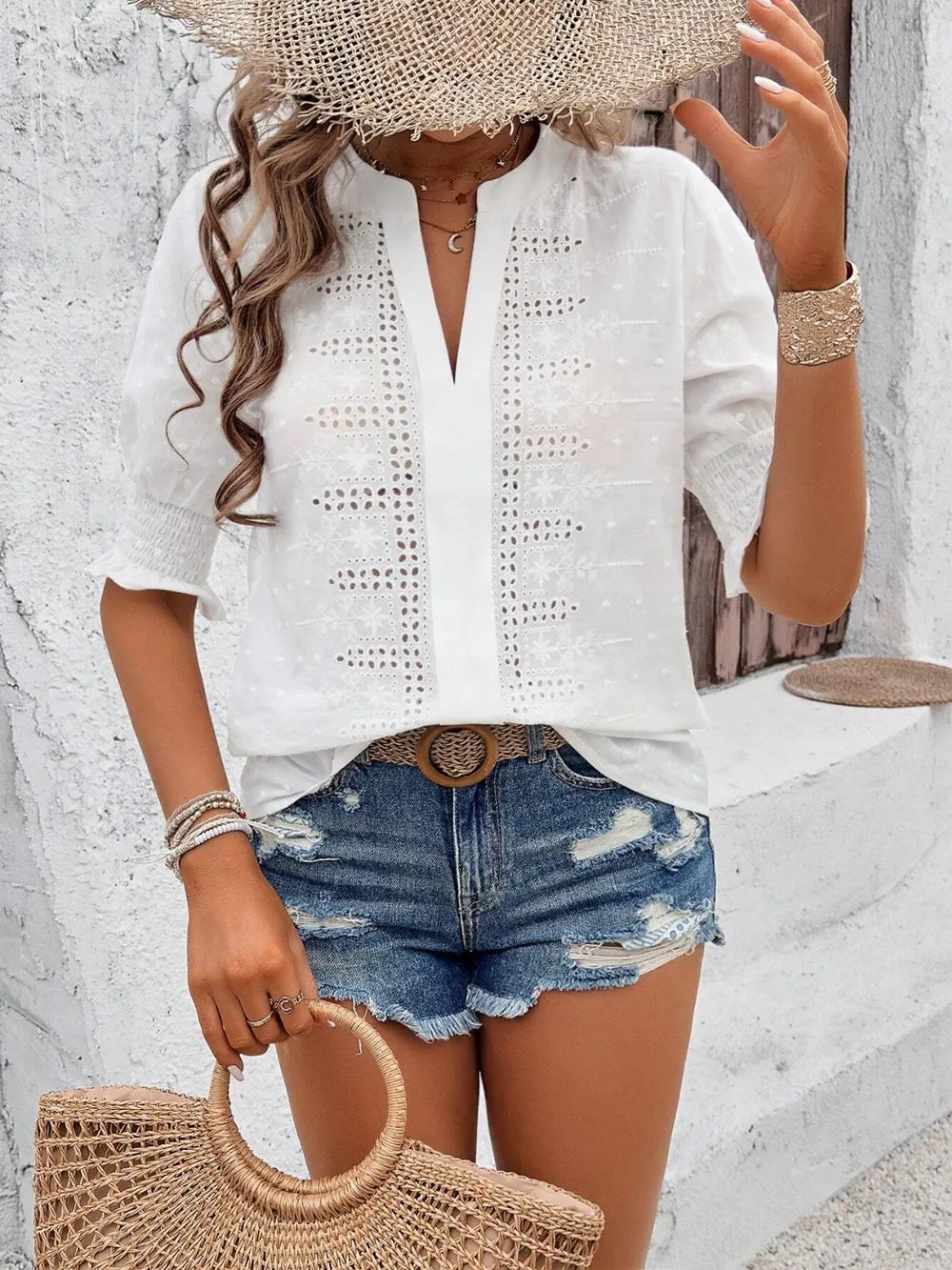 Eyelet Notched Flounce Sleeve Blouse (2)