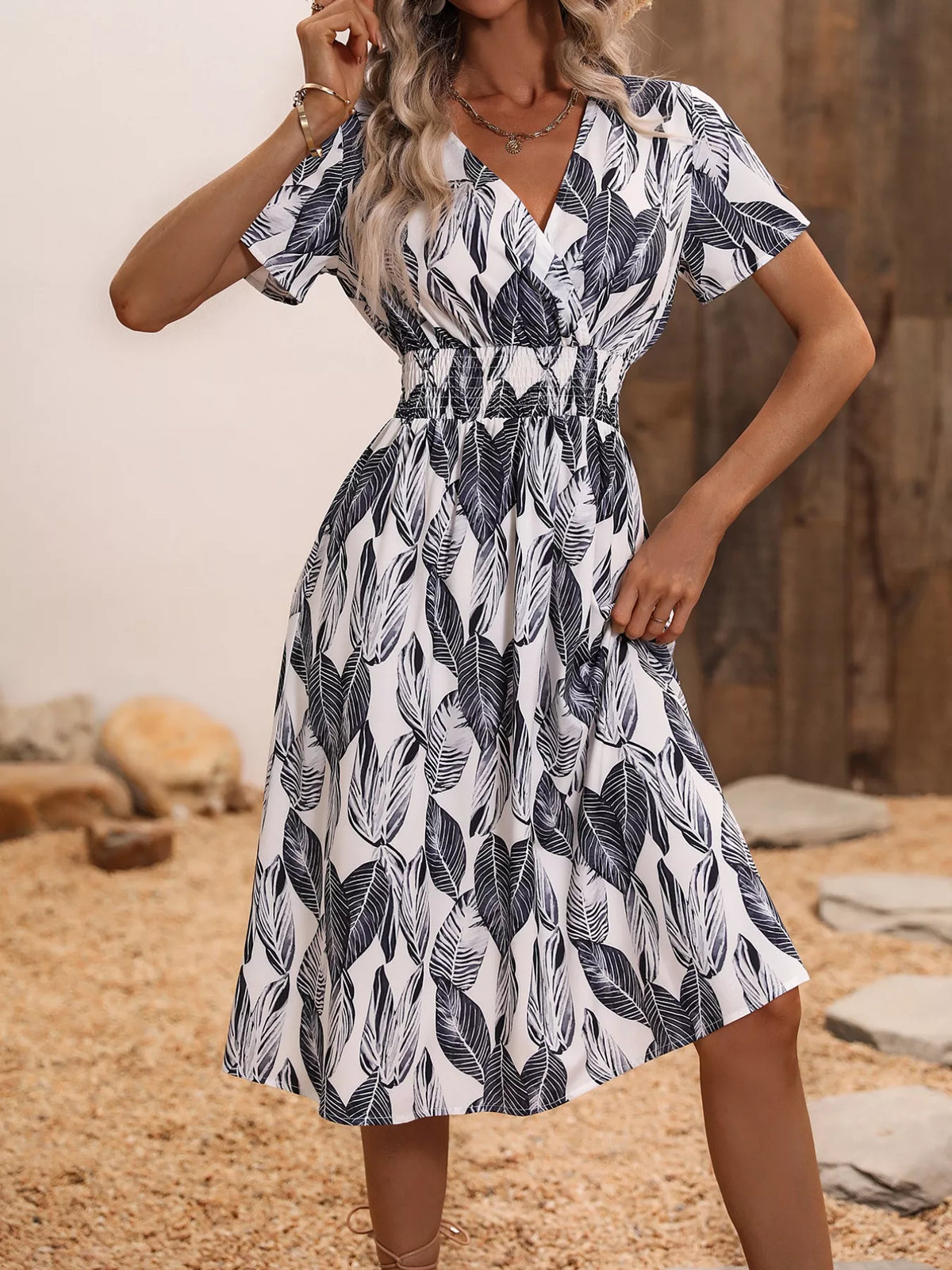 Printed Short Sleeve Midi Dress (8)