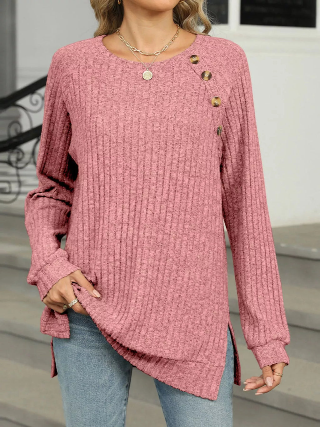 Round Neck Knit Button Top (25)
