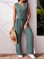 Button-down Vest Wide Leg Pants Set (26)