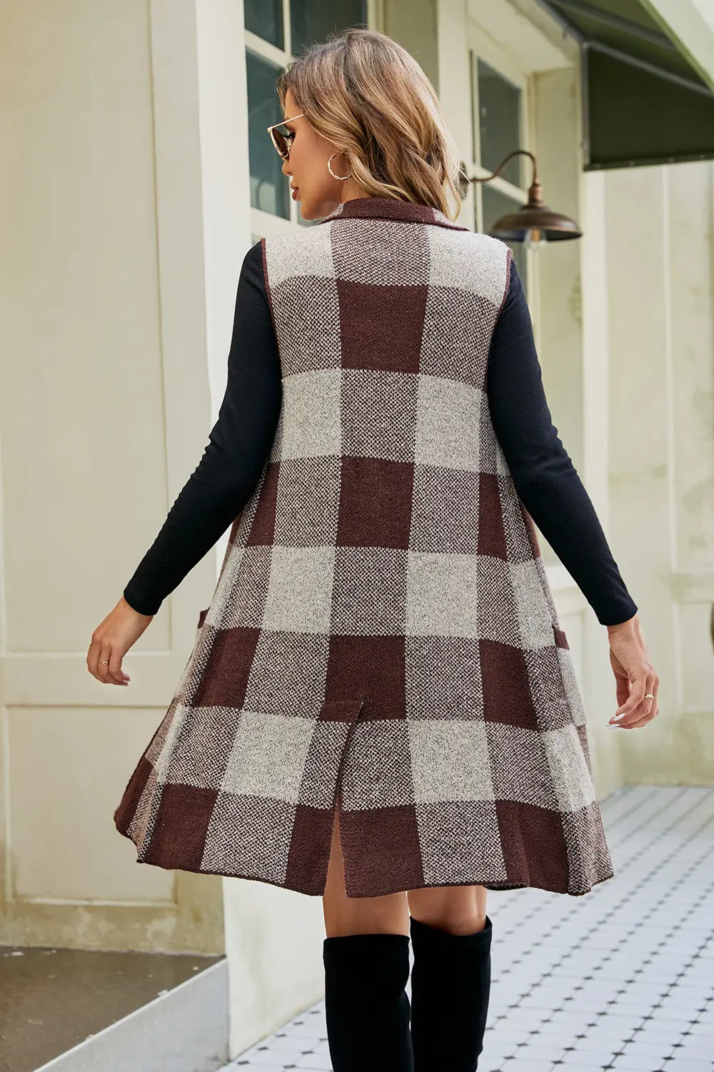 Plaid Open Front Sleeveless Cardigan Pockets (11)