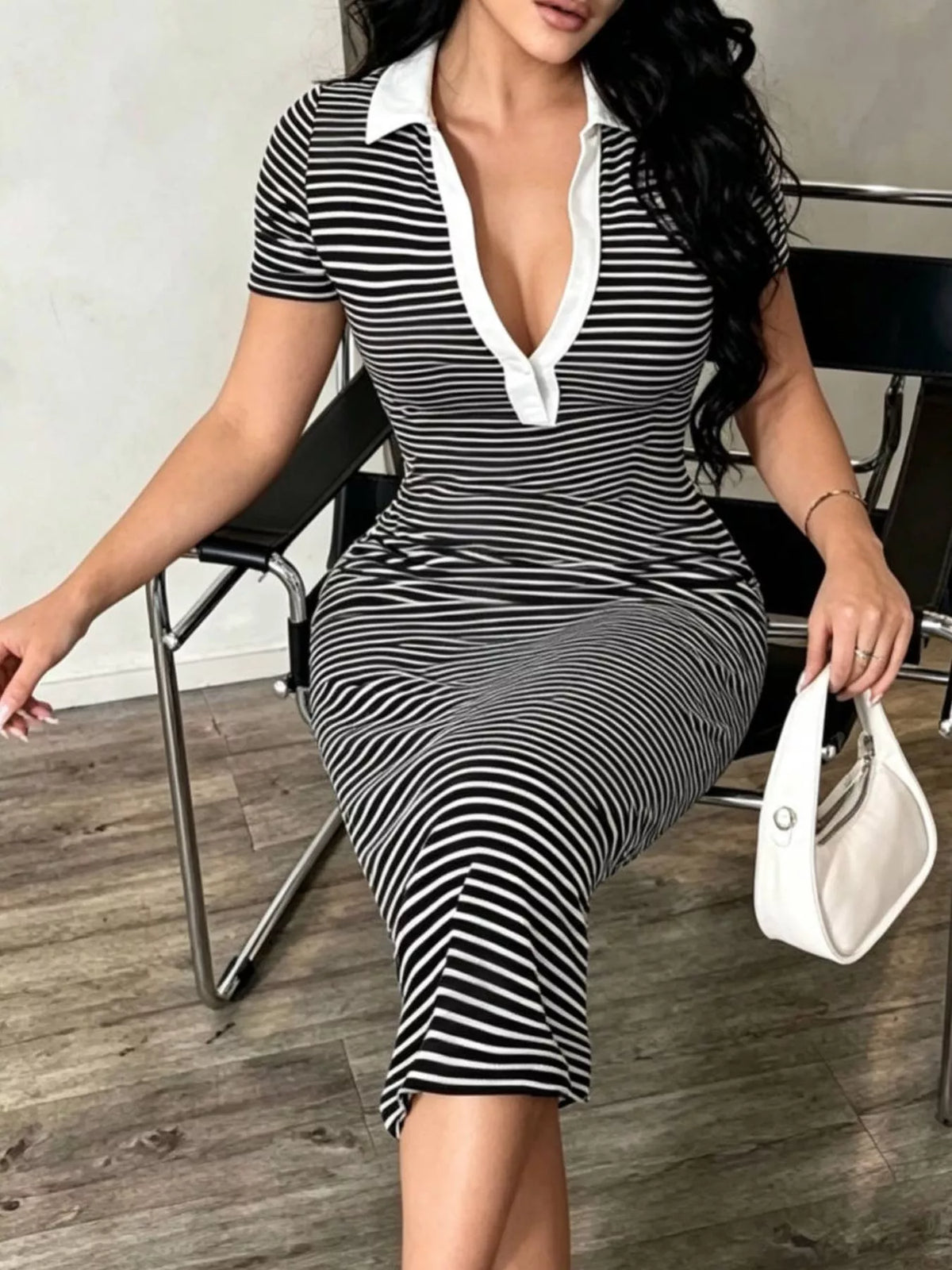 Striped Short Sleeve Bodycon Midi Dress (8)