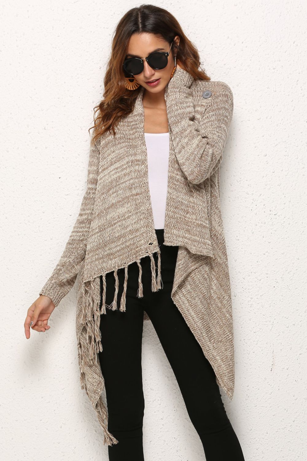 One-button Tassel Tie Asymmetrical Hem Cardigan (3)