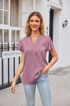 Notched Neck Flutter Sleeve Satin Top (20)