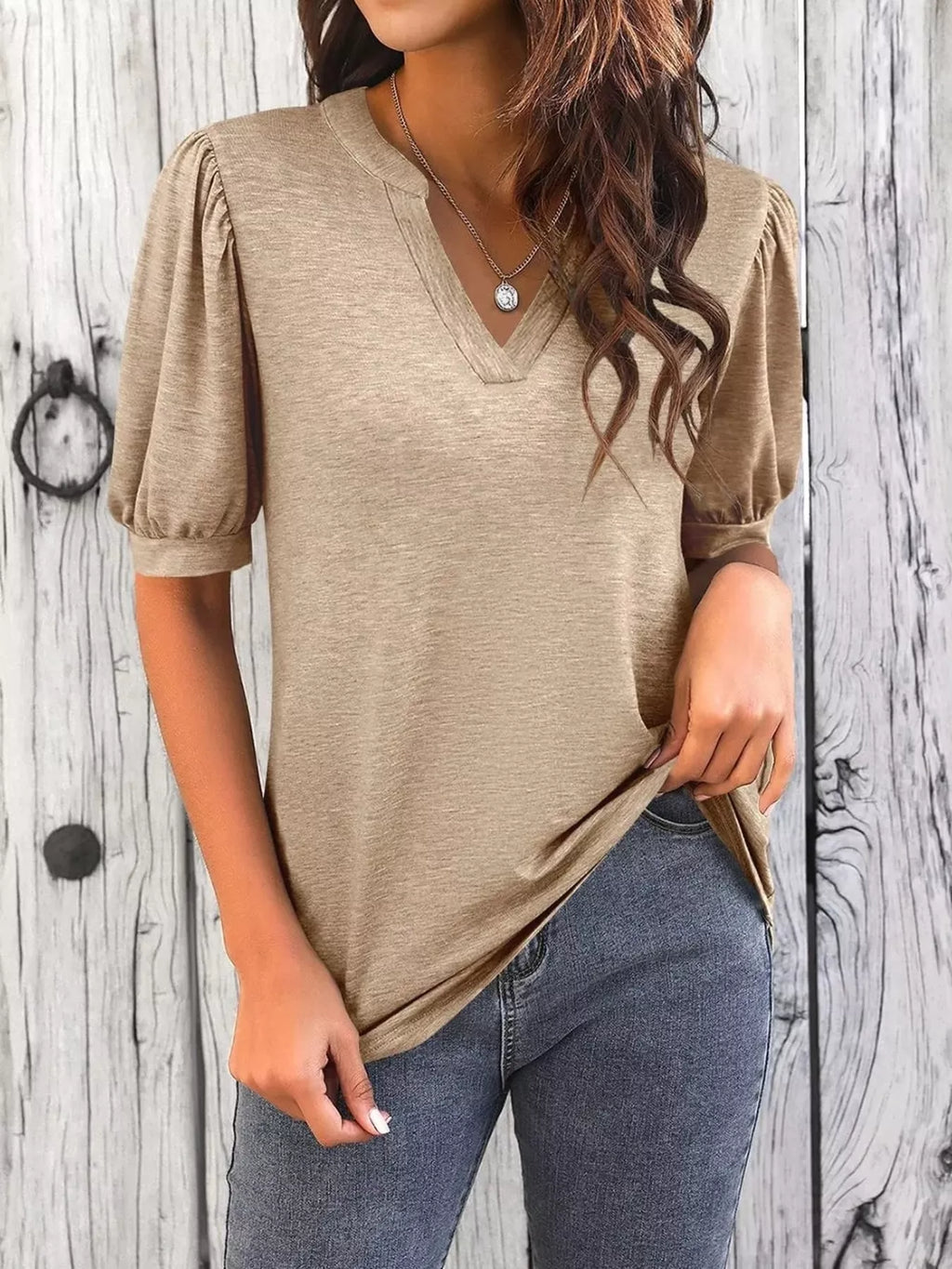 Puff Sleeve Notched Casual T-shirt